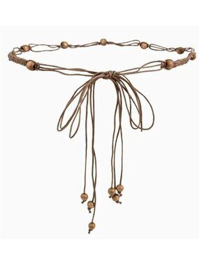 Light Brown Braided Rope Wrap-Around Belt With Wooden Beads